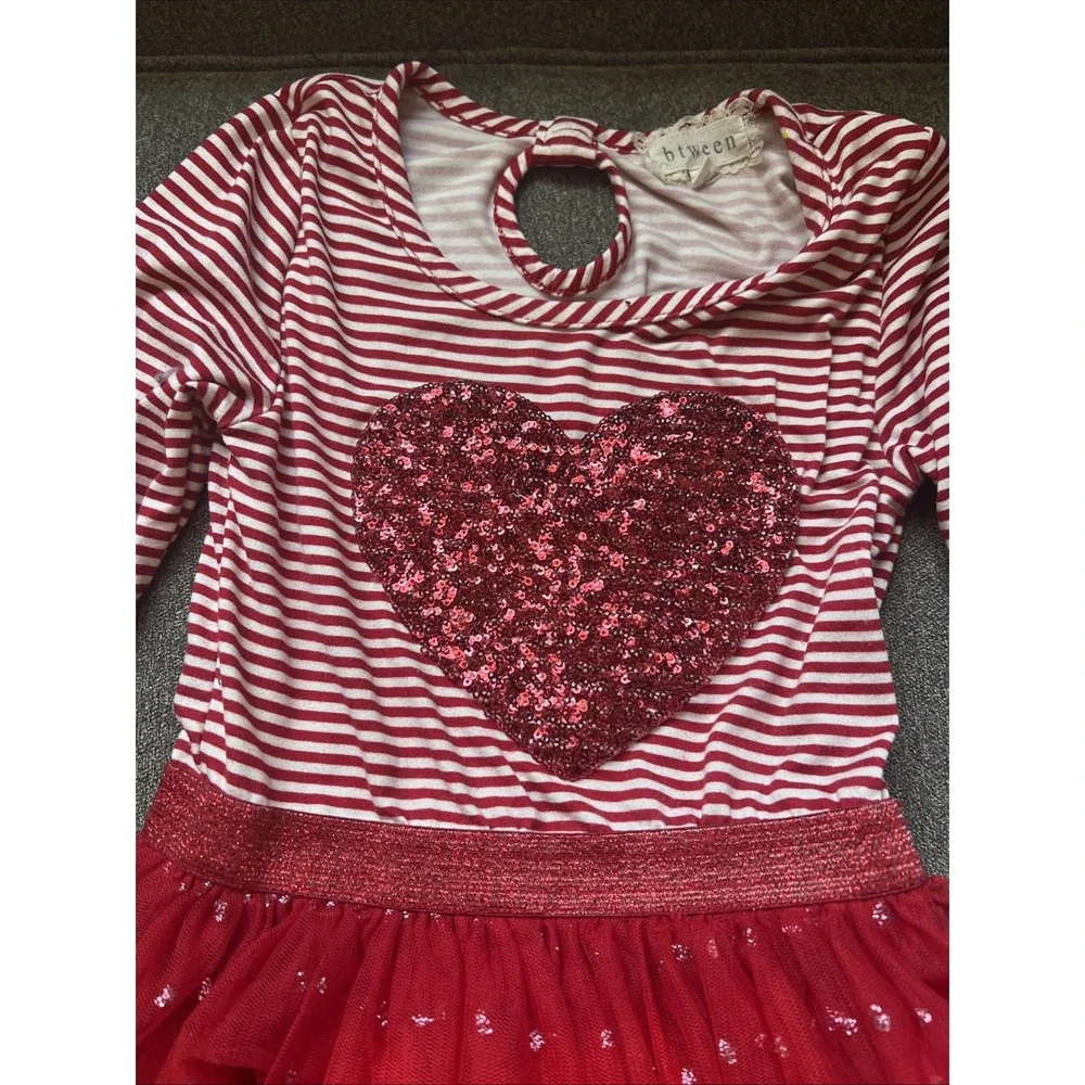 btween Heart Tutu Dress Girls Size 6 Red White Striped Long Sleeve Glitter